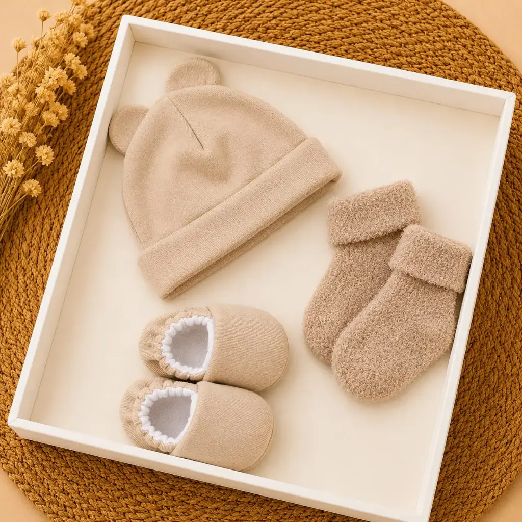 SET GORRO MEDIAS Y ESCARPINES MARRON